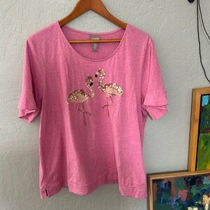 Chicos pink cotton blend top with sparky flamingo